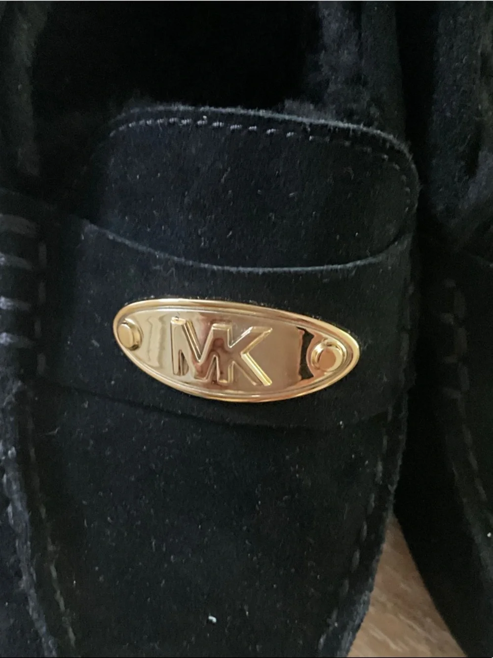 NWOT Michael Kors Black Suede Loafers with Gold MK Plaque